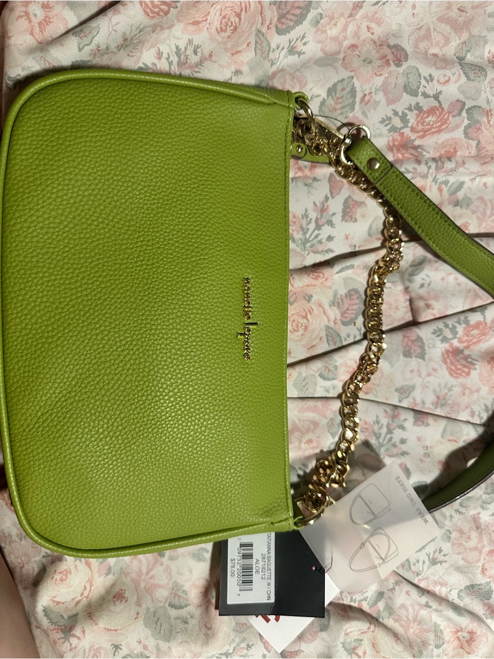 Nanette Lepore Lime Green Pebbled Leather Shoulder Bag with Gold Chain